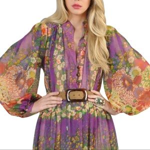 Victor Costa Vintage Statement Mixed Floral Sheer Belted Maxi Dress